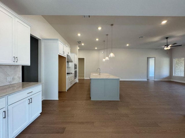 kitchen featuring dark wood finished floors, white cabinets, and visible vents