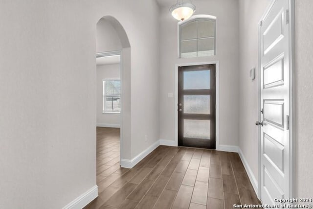 216 Fillmore Fls, Cibolo, TX 78108 - foyer entrance with arched walkways, baseboards, and wood finished floors
