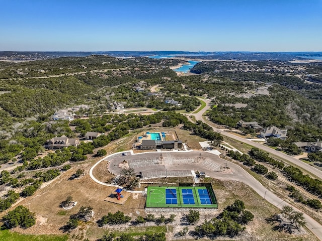 drone / aerial view with a water view