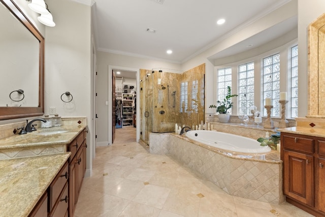 bathroom featuring vanity, separate shower and tub, and ornamental molding