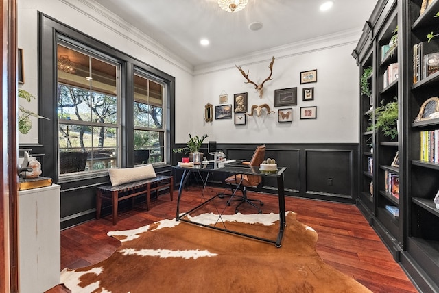 home office featuring dark hardwood / wood-style flooring and ornamental molding