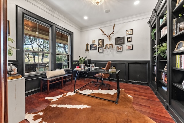 7409 Lantern View Dr, Jonestown, TX 78645 - home office featuring crown molding, wood finished floors, wainscoting, a decorative wall, and recessed lighting