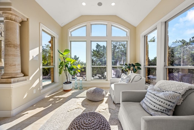 7409 Lantern View Dr, Jonestown, TX 78645 - sunroom / solarium featuring lofted ceiling, recessed lighting, and decorative columns