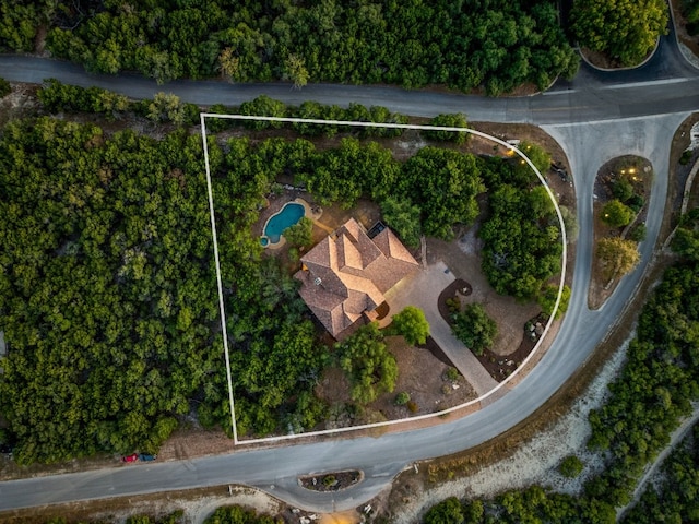 7409 Lantern View Dr, Jonestown, TX 78645 - aerial view of property and surrounding area with property parcel outlined and a pool