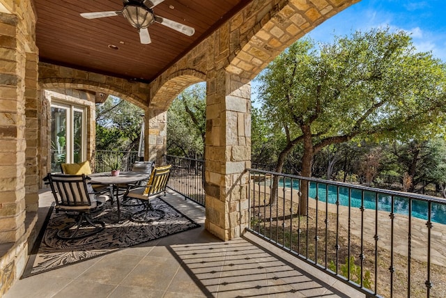 view of patio with ceiling fan and a fenced in pool