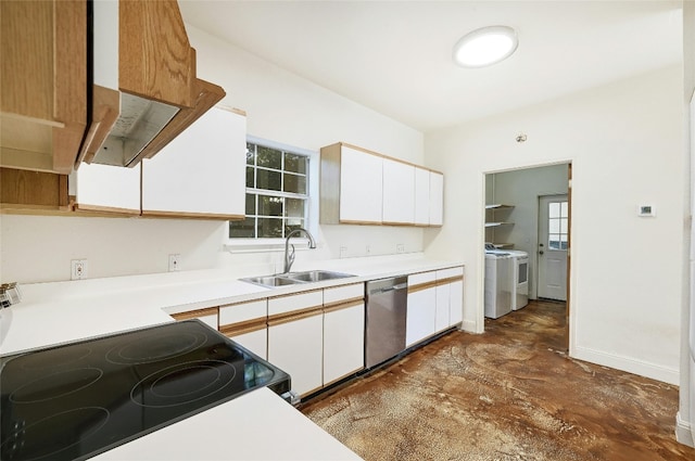 kitchen with white cabinetry, sink, stainless steel dishwasher, and washer and dryer