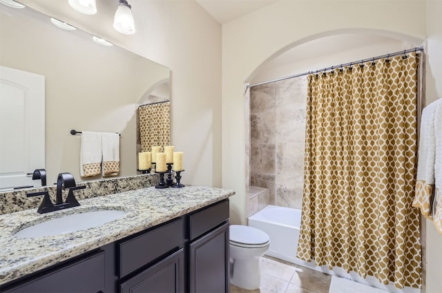 full bathroom with vanity, tile patterned floors, toilet, and shower / bath combination with curtain