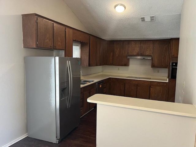 kitchen with dark hardwood / wood-style flooring, vaulted ceiling, dark brown cabinetry, and black appliances