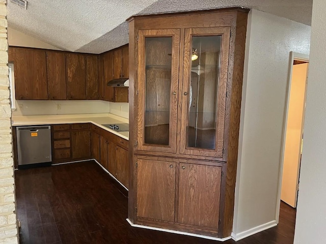 kitchen with dishwasher, dark hardwood / wood-style flooring, a textured ceiling, vaulted ceiling, and black electric cooktop