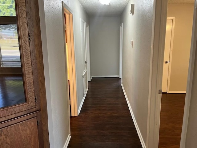 corridor featuring dark hardwood / wood-style flooring and a textured ceiling