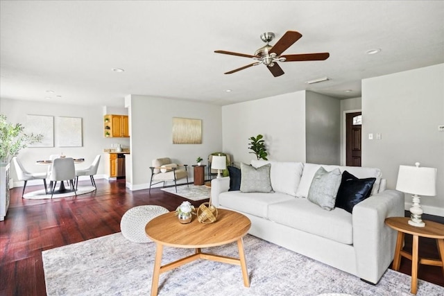 2803 Nordham Dr, Austin, TX 78745 - living room featuring dark wood-type flooring, a ceiling fan, and recessed lighting