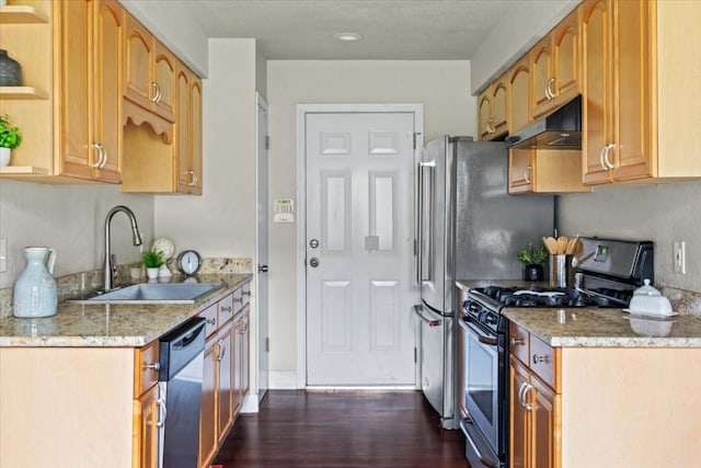 2803 Nordham Dr, Austin, TX 78745 - kitchen featuring range with gas cooktop, open shelves, under cabinet range hood, stainless steel dishwasher, and dark wood-style flooring