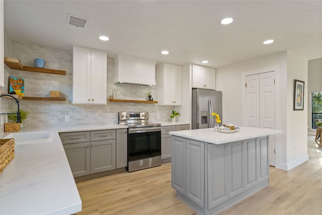 kitchen featuring light wood-type flooring, stainless steel appliances, custom exhaust hood, and sink