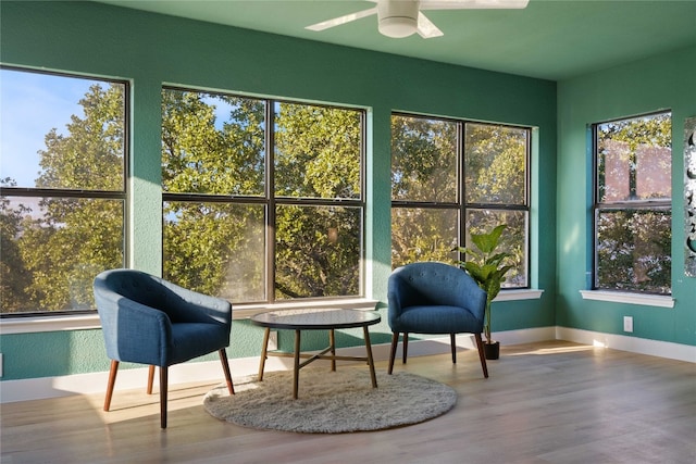 sunroom featuring a wealth of natural light and ceiling fan