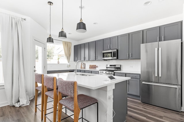 kitchen featuring gray cabinetry, dark wood-type flooring, a sink, light countertops, and appliances with stainless steel finishes