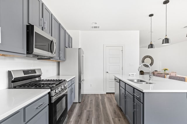 kitchen featuring visible vents, a sink, stainless steel appliances, gray cabinetry, and backsplash