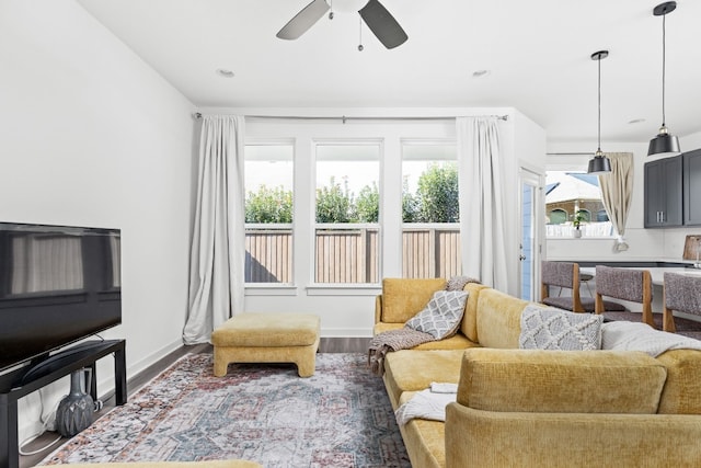 living area featuring ceiling fan, baseboards, and wood finished floors