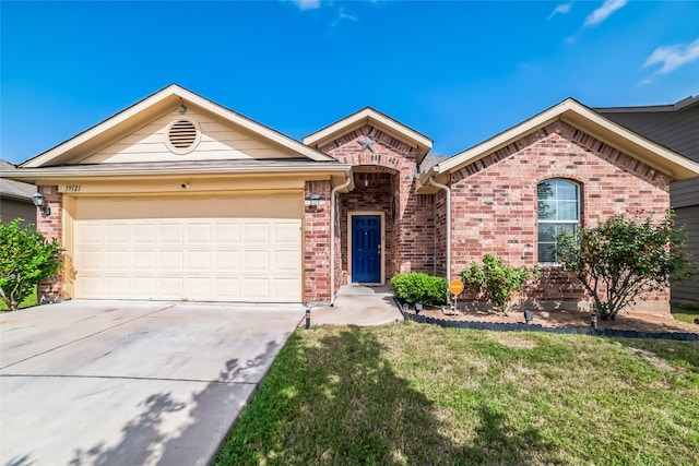 ranch-style house featuring a front lawn and a garage