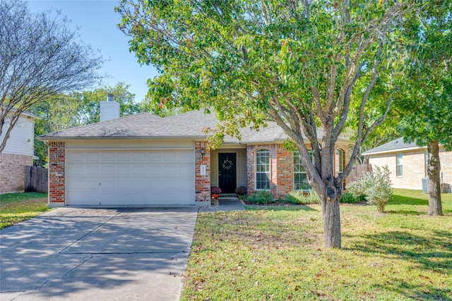 single story home featuring a front lawn and a garage