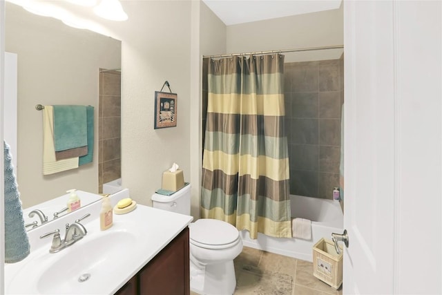 bathroom with shower / tub combo, toilet, vanity, and tile patterned flooring