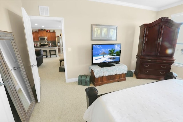 bedroom with baseboards, visible vents, ornamental molding, light carpet, and stainless steel fridge