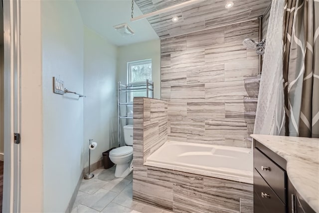 full bathroom with vanity, shower / bath combo, and toilet