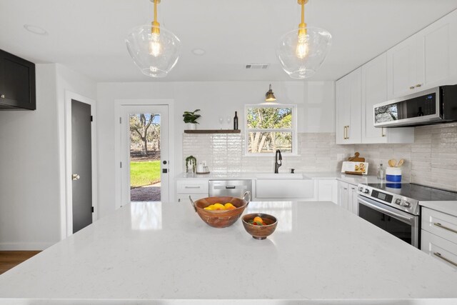 8000 Williamson Creek Dr, Austin, TX 78736 - kitchen with appliances with stainless steel finishes, decorative backsplash, plenty of natural light, and white cabinetry