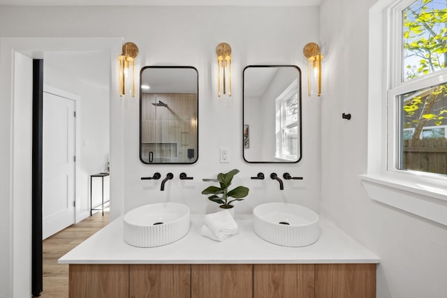 bathroom with wood-type flooring and vanity