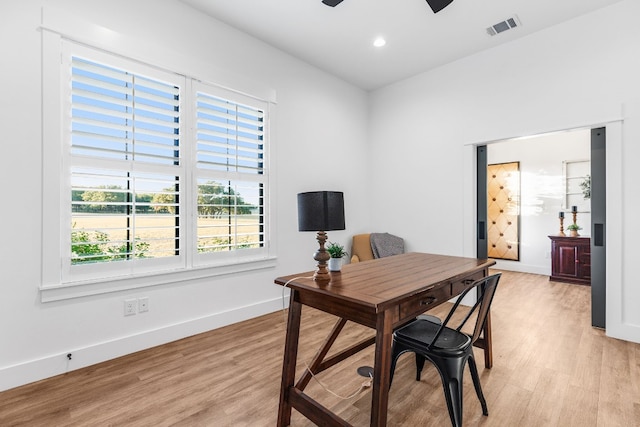 345 Judges Rd, Burnet, TX 78611 - office area featuring light wood-style flooring, a ceiling fan, and recessed lighting