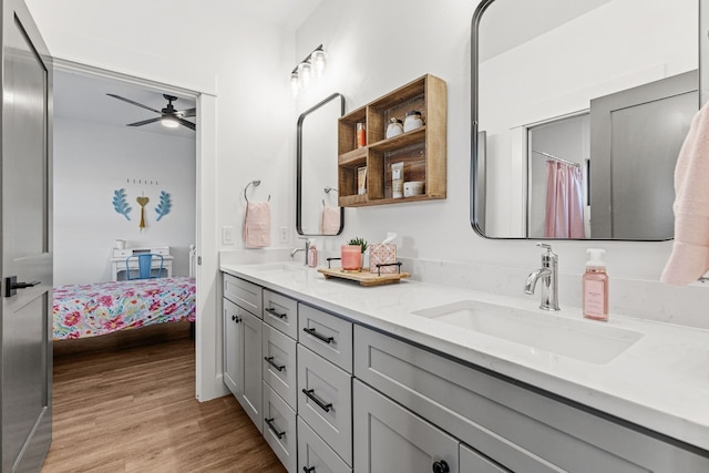 bathroom with ceiling fan, vanity, and wood-type flooring