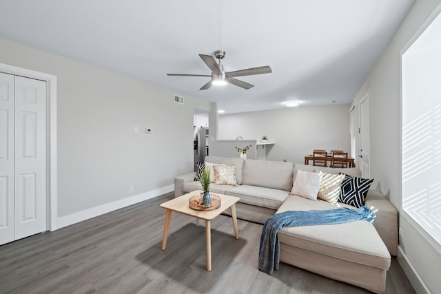 living room with ceiling fan and wood-type flooring