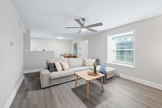 living room featuring ceiling fan and hardwood / wood-style floors