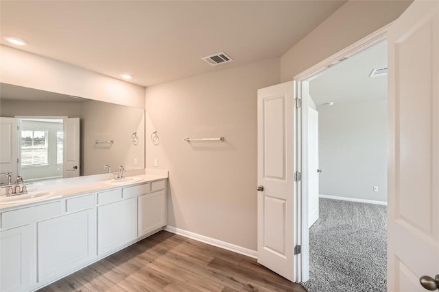 196 Lost Mine Peak Ln, Dripping Springs, TX 78620 - bathroom featuring baseboards, double vanity, wood finished floors, and recessed lighting