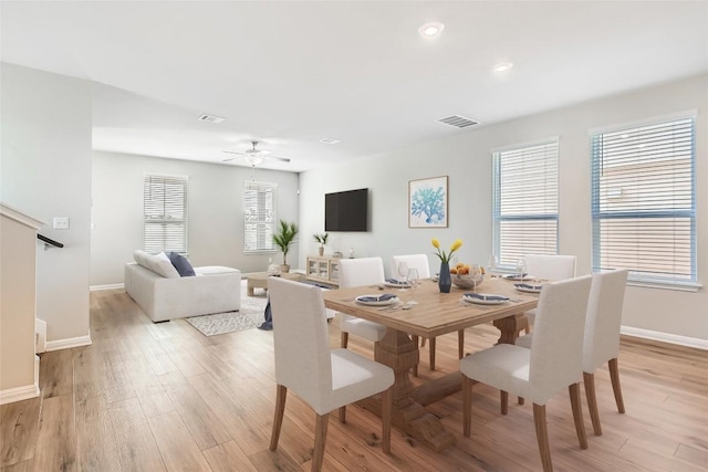 196 Lost Mine Peak Ln, Dripping Springs, TX 78620 - dining area featuring light wood-style flooring, baseboards, recessed lighting, and a ceiling fan