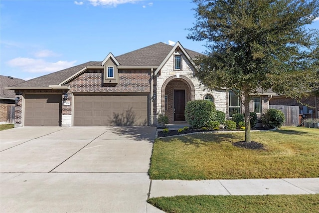 view of front of property with a garage and a front lawn