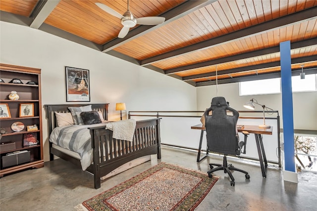 bedroom with concrete floors, beamed ceiling, and multiple windows