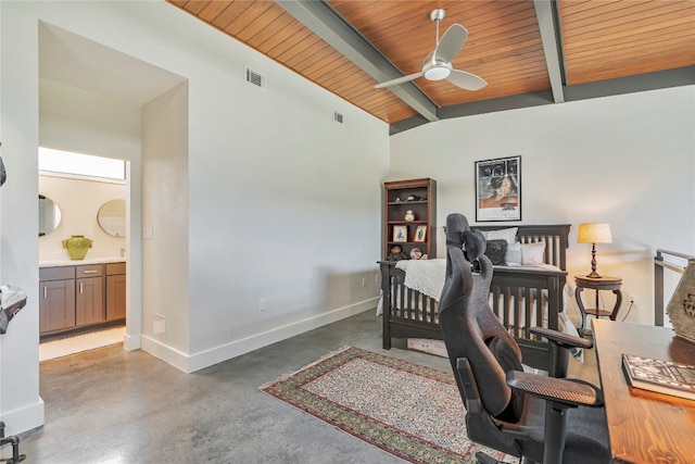 office area with wooden ceiling, ceiling fan, and lofted ceiling with beams