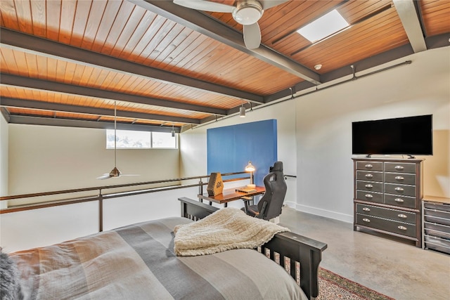 bedroom with beam ceiling, concrete floors, ceiling fan, and wood ceiling