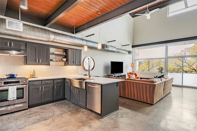 kitchen with appliances with stainless steel finishes, tasteful backsplash, concrete floors, wooden ceiling, and kitchen peninsula