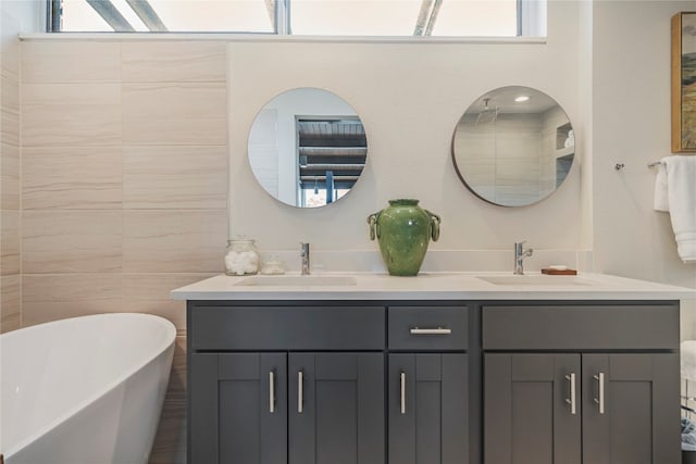 bathroom featuring vanity, plenty of natural light, a tub, and tile walls