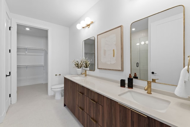 bathroom featuring vanity, toilet, and a shower with door