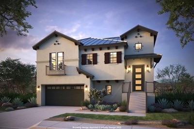 view of front of property featuring driveway, a garage, metal roof, a standing seam roof, and stucco siding