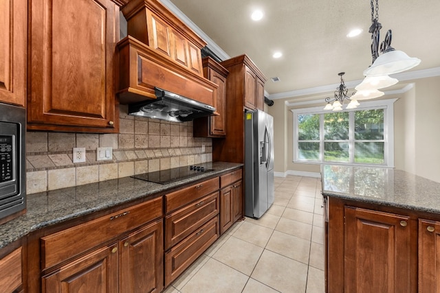 kitchen featuring stainless steel fridge with ice dispenser, crown molding, pendant lighting, a chandelier, and black electric cooktop