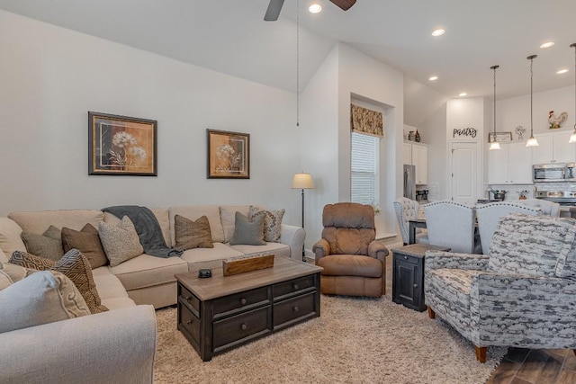 2104 Highland Ridge Rd, Georgetown, TX 78628 - living room with ceiling fan, recessed lighting, and vaulted ceiling