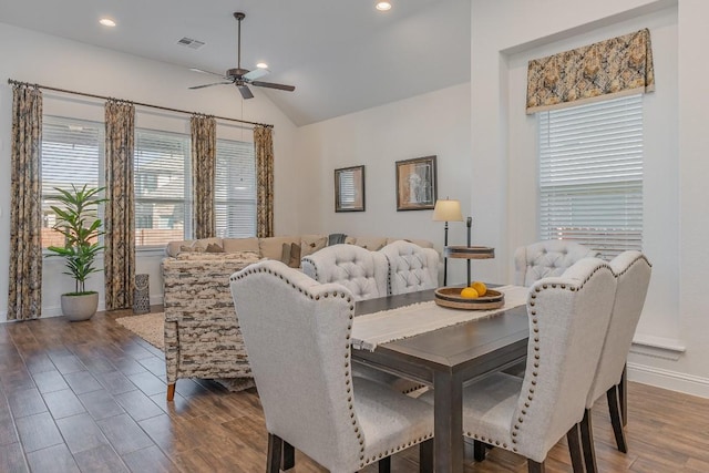 2104 Highland Ridge Rd, Georgetown, TX 78628 - dining space with ceiling fan, lofted ceiling, wood finished floors, and recessed lighting