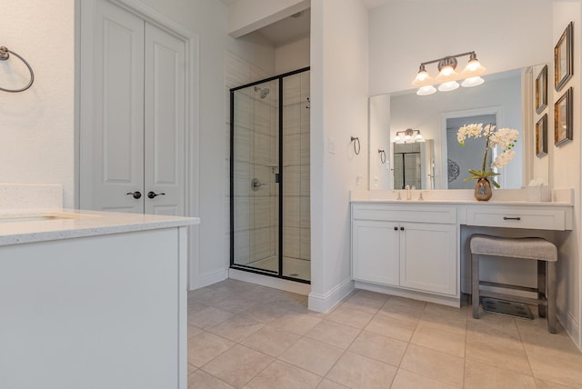 bathroom with tile patterned flooring, vanity, and a shower with shower door