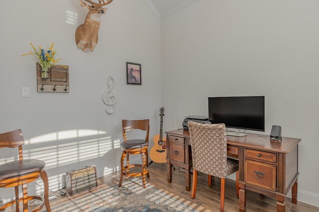 office featuring crown molding and hardwood / wood-style flooring