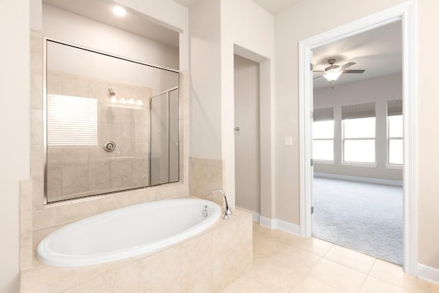 bathroom with tile patterned floors, separate shower and tub, and ceiling fan