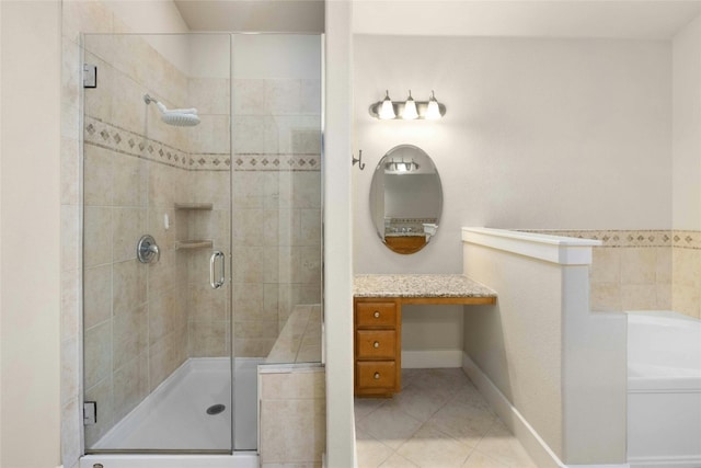 bathroom featuring plus walk in shower and tile patterned flooring