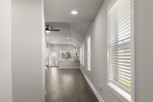 hallway with dark hardwood / wood-style flooring and lofted ceiling